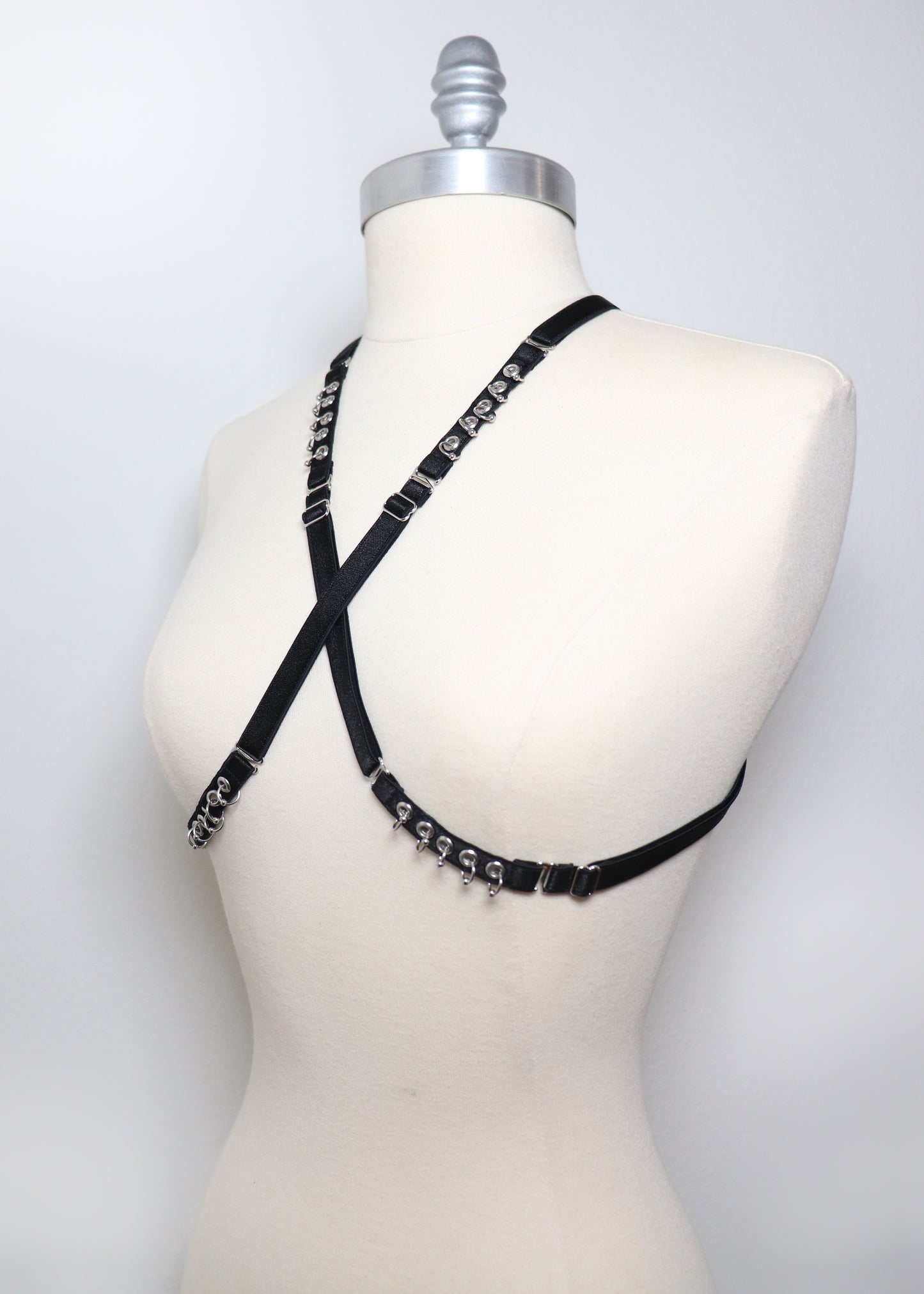 Mini multi-position harness with eyelets and piercings