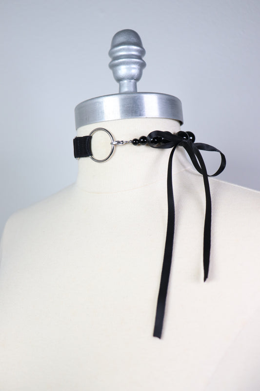 Onyx beaded choker with removable satin bow
