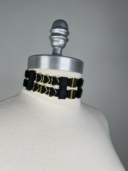 Choker à deux rangs et cœurs - Noir et doré