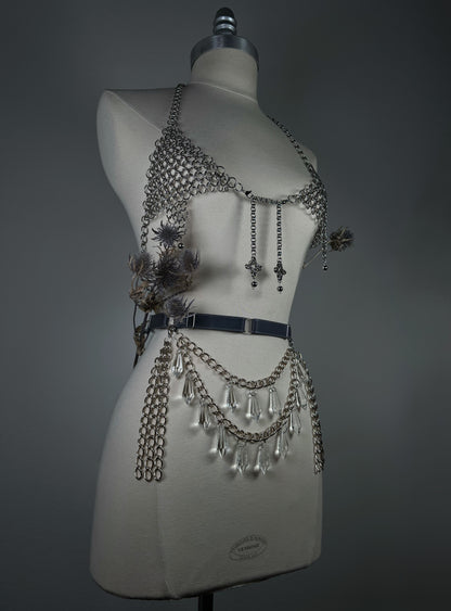 Ceinture à chaines et pendentifs en verre - Élastique gris profond