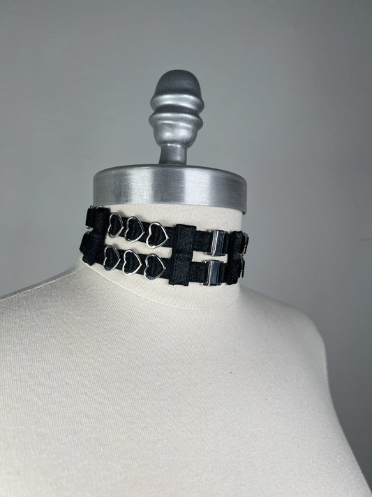 Choker à deux rangs et cœurs - Noir et argent